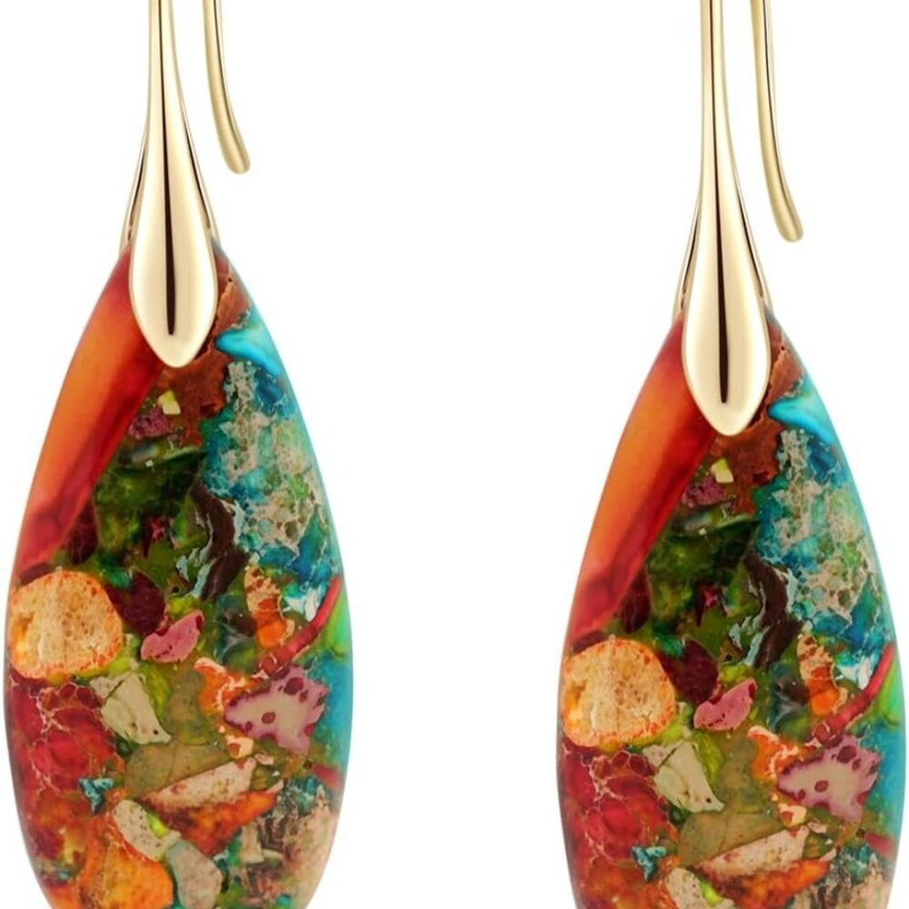 Natural Healing Stone Fishhoop Dangle Drop Earrings Statement Gold silver earrin - Picture 1 of 6